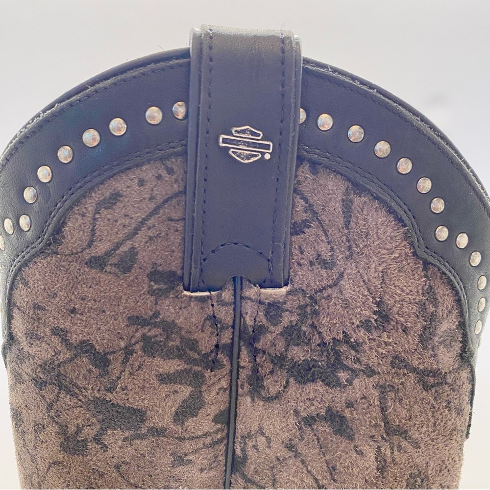 Harley-Davidson Gray Suede Black Leather Flame Studded Tall Cowboy Boots 9.5 - Picture 3 of 9